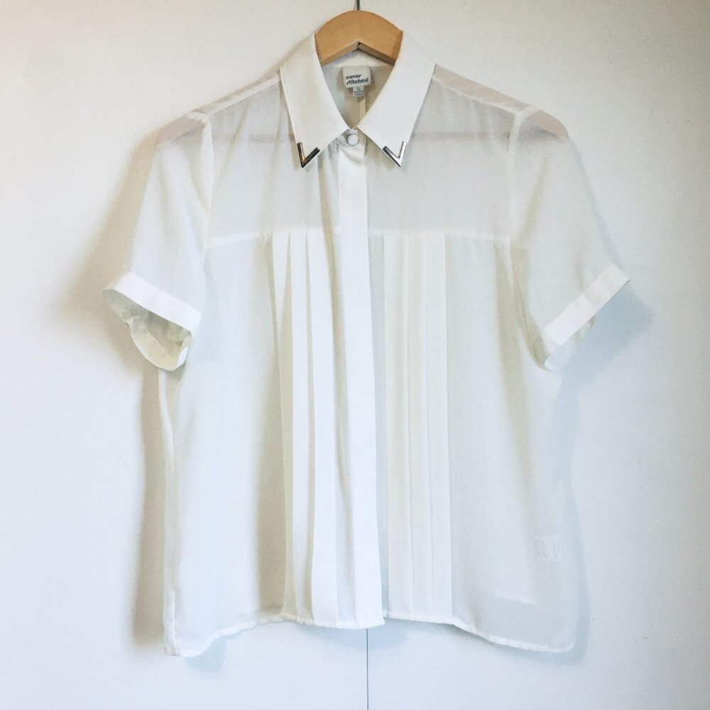 Vintage Off-White Sheer Pintuck Blouse Metal V Lapel Accent XL